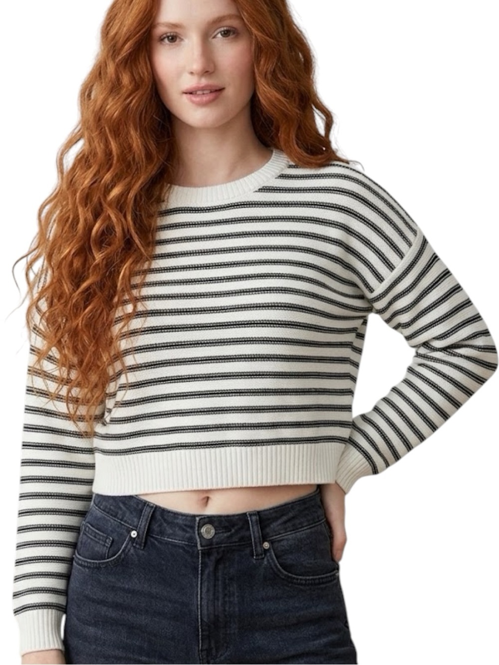 Divided Black & White Striped Cropped Crewneck Knit Sweater Long Sleeve Basic